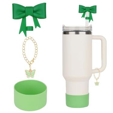 Imagem de Conjunto de capa de canudo de arco de 3 peças para copo Stanley: capa de palha de laço fofo, bota de silicone, corrente de charme para copo de 30/1,134 g com alça verde escuro