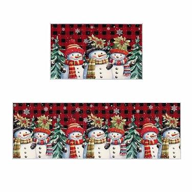 Imagem de Tapetes e tapetes de cozinha de Natal 2 peças bonito boneco de neve árvore de natal vermelho preto Buffalo xadrez tapetes de cozinha para chão, casa de fazenda tapetes antiderrapantes com corredor para cozinha, casa, pia, lavanderia 50 cm x 80 cm + 50 cm x 120 cm