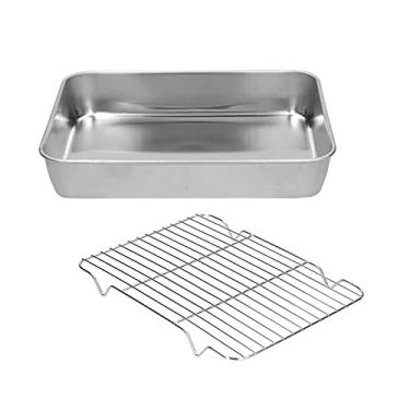 Imagem de Conjunto de assadeira e rack de aço inoxidável para assadeira retangular fácil para cozinhar (26,5 * 20,5 * 5 cm)