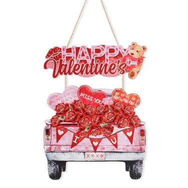 Imagem de Ausril Decoração de porta do dia dos namorados, sinal de feliz dia dos namorados, placa de parede rosa vermelha romântica, arte de parede dos namorados, placa de madeira de coração de caminhão para
