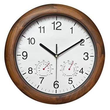Imagem de Reynoe Relógio de parede de madeira com temperatura e umidade, marrom de 30,5 cm, números grandes para decoração de quarto