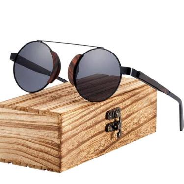 Imagem de Óculos de Sol Unissex Redondo Design Madeira Moda Verão Lentes Polariz