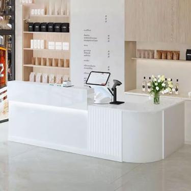 Imagem de Mesa de recepção de salão, mesa recepcionista com armazenamento, mesa de escritório de madeira projetada com acabamento fino para salões de beleza, branco + branco, 140 cm