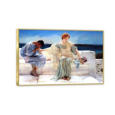 Imagem de Moldura dourada Ask Me No More de Lawrence Alma Tadema Prints, reprodução de pintura a óleo, impressão giclée em tela, arte de parede pronta para pendurar para decoração de quarto de casa. 90 x 60 cm