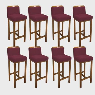 Imagem de Kit 08 Banqueta Alta Com Encosto Simon Cozinha Balcão Bistrô Base Madeira Rústico Suede Bordô - Ahz Móveis