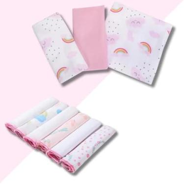Imagem de Kit Enxoval Bebê, 9 Peças, 3 Cueiros e 6 Paninhos de Boca, 100% Algodão Estampado (Rosa Feminino)
