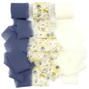 Imagem de SIMPLE AND THINGS Fita de chiffon com franjas, 3,8 cm x 18 jardas no total, conjunto para convites de casamento, buquês de flores, embrulho de presente, faça você mesmo, floral (azul, creme, floral)