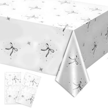 Imagem de 2 peças de toalha de mesa com laço, decoração de aniversário de laço preto, capa de mesa de plástico impermeável, decoração de festa para meninas, mulheres, aniversário, chá de bebê, artigos de