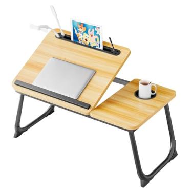 Imagem de Mesa de laptop para cama, suporte ajustável para laptop com 5 ângulos diferentes, bandeja de colo portátil com porta de carregamento USB e suporte de copo, bandeja de mesa para laptop para comer