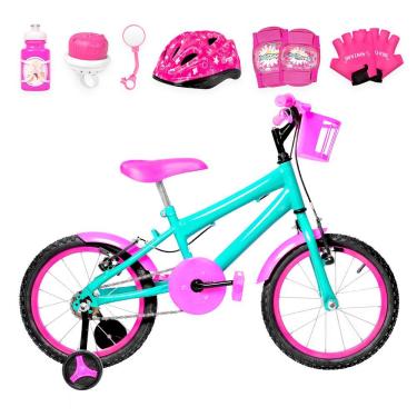 Imagem de Bicicleta Aro 16 Alumínio + Kit Proteção Verde Água E Pink