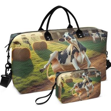 Imagem de Conjunto de 2 bolsas de viagem para maquiagem, conchas, estrela-do-mar, para pintura, academia, bolsa de fim de semana, Milk Cow Dancing Farm, Clássico
