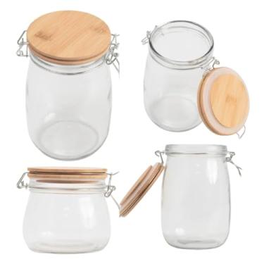 Imagem de Kit 4 Potes de Vidro Herméticos com Tampa de Bambu Anel de Silicone e Fecho Metálico 450ml a 1500ml, Transparente