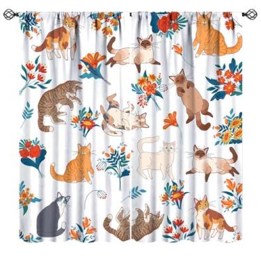 Imagem de Cortinas florais de gato com desenho animado, buquês de flores azuis e laranjas coloridas, engraçados, gatos, natureza, jardim, janela, tratamentos para crianças, meninos, meninas, quarto, sala de
