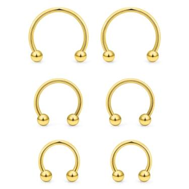 Imagem de Vqoxaggi 6 peças anéis de septo 18G aço inoxidável nariz septo brinco ferradura sobrancelha lábio piercing joias para mulheres homens fecho de bola ouro diâmetro interno 8 mm/10 mm/12 mm