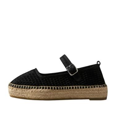 Imagem de keleimusi Sapatilhas femininas Mary Jane com alpargatas plataforma, alpargatas tecidas, lona, verão, sapatilha, Malha preta, 37