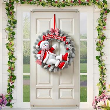Imagem de BlissYard Capa de porta de boneco de neve, faixa de Natal de 188 x 89 cm, para decoração interna e externa, grande pano de fundo de férias com boneco de neve, botas vermelhas, guirlanda de pinheiro