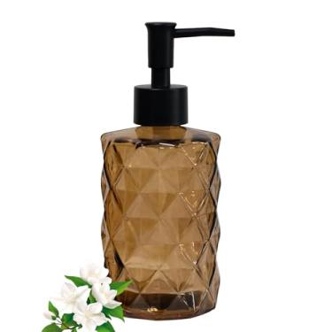 Imagem de Dispensador de sabão de vidro pequeno de 340 g com bomba de plástico preto, dispensador de sabonete líquido para bancada de cozinha marrom recarregável com design de diamante, frasco de loção de