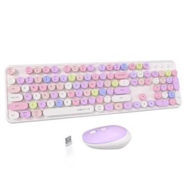 Imagem de UBOTIE Combos coloridos de teclado sem fio para computador, teclas flexíveis de máquina de escrever, teclado de tamanho completo, conexão sem quedas de 2,4 GHz e mouse óptico (branco-colorido)
