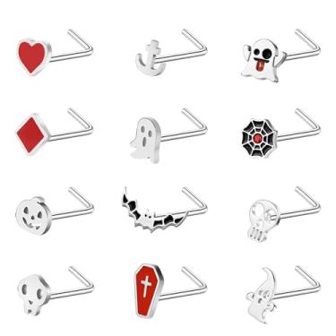 Imagem de ZS 12 peças de aço inoxidável 20 G - piercing de nariz de Halloween de caveira de morcego em forma de L saca-rolhas prata preto hipoalergênico piercing de narina joias para mulheres e homens (B: prata
