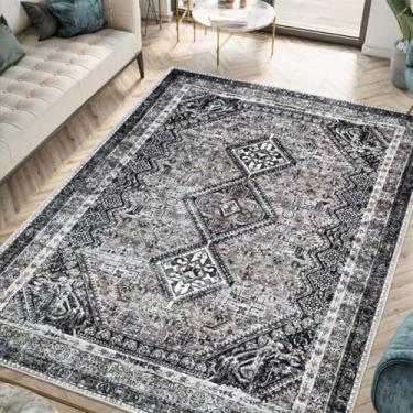 Imagem de ESSMOKO Tapete estilo étnico sala de estar tapete de caxemira artificial quarto tapete retrô lavável na máquina e fácil de cuidar, padrão clássico preto branco, 90 x 150 cm