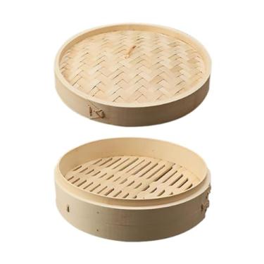 Imagem de KiBcsLic Cesta de vapor de bambu com tampa, multifuncional, para cozinhar, chinesa, asiática, bolinhos de massa, para vegetais, sobremesas, cozimento a vapor, 27cm