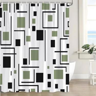 Imagem de UPUMKSK Cortina de chuveiro verde sálvia moderna preta e branca abstrata geométrica retangular arte minimalista cortina de banho estética com ganchos