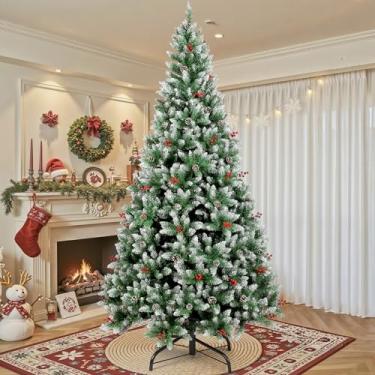 Imagem de Arvore de Natal 2.1m, 1250 Galhos, Árvore de Natal com Ramos com Efeito Gelado, Pinhas Naturais e Cerejas Realistas, Arvore de Natal Nevada 2,10, Arvore Natal 2,10 Decorada