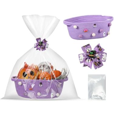 Imagem de Teenyyou Cesta vazia para presentes de Halloween, 30,5 x 20,3 x 12,7 cm, com bolsa de embrulho de presente e clipe de laço para decorações de embrulho de festa de Halloween (Roxo)