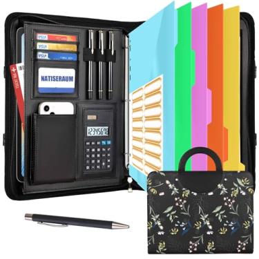 Imagem de NATISERAUM Organizador de portfólio – fichário de 3 anéis com alça, pasta de couro vegano com bloco de notas, inclui 5 divisórias com 10 bolsos para arquivos de documentos