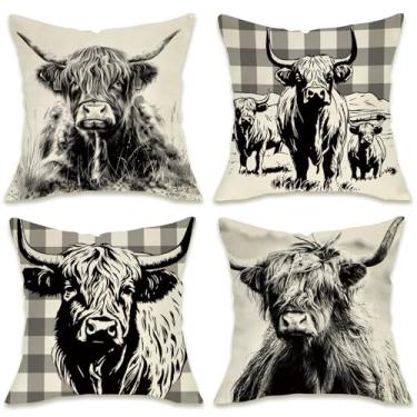 Imagem de Fahrendom Farmhouse Highland Cow Capas de almofada decorativas 45,7 x 45,7 cm conjunto de 4, preto branco vintage animais de fazenda varanda pátio exterior fronha, capa de almofada xadrez rústica para