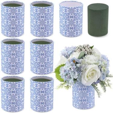 Imagem de LemonRoad Conjunto de 6 caixas de flores redondas de porcelana azul e branca com papel vaso de espuma removível, vaso de chinoiserie para casamento, flores artificiais, cozinha, festa, mesa, centro de