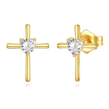 Imagem de DOVRAN Brincos de cruz pequena em ouro 14K para mulheres, coração, moissanita, cruz, joias de ouro maciço, presentes