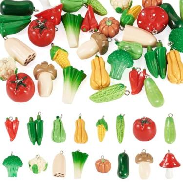 Imagem de Cheriswelry 32 pingentes de resina 3D para alimentos vegetais, abóbora, milho, tomate, cogumelo, brócolis, cebolinha, quiabo, pingentes pendentes com laços de ferro, 16 a 36 mm para chaveiro, colar
