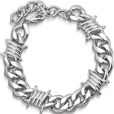 Imagem de LuxGoth Pulseira de corrente de arame farpado de aço inoxidável com espinhos de elos cubanos ajustáveis e grossos, estilo gótico, punk rock, motociclista, vintage, viking, amêndoas, joia para homens e