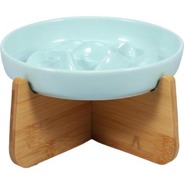 Imagem de HSHGZSR Tigela elevada para gatos, tigela de alimentação lenta de cerâmica para gatos, tigela de alimentação lenta para gatos com suporte, tigelas elevadas antiderrapantes, tigela de comida de gato