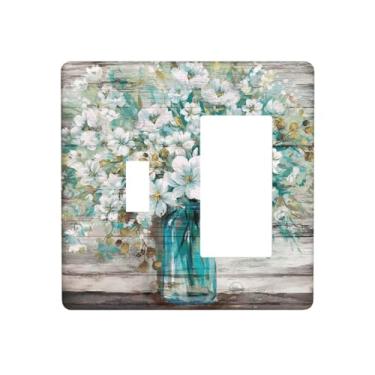 Imagem de Wpshijia Tampas de tomada decorativas, garrafa azul petróleo, flor branca em tábua de madeira, placa de parede de 2 gangues, interruptor único, 1 capa de interruptor de luz basculante, capas de placa