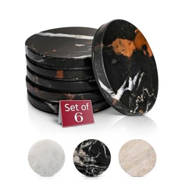 Imagem de Gusto Nostro Conjunto de 6 porta-copos de mármore preto com suporte antiderrapante - porta-copos de pedra natural de luxo para bebidas - Acessórios de cozinha de mármore genuíno, porta-copos de pedra