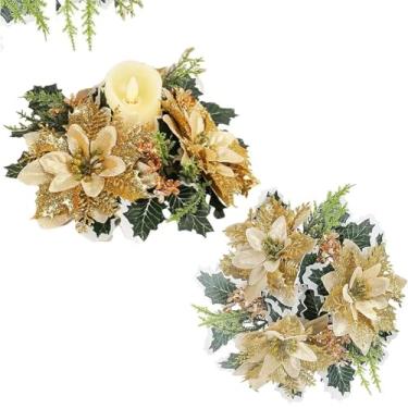 Imagem de Guirlandas de Natal, guirlandas, douradas, purpurina, poinsétia, flor, suporte de guirlanda de Natal, mesa central, pilares para decoração de Natal, jantar, casamento, feriado