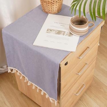 Imagem de HSOFTIFY Capa de mesa de cabeceira 100% de linho puro com borla, 39 x 90 cm, capa retangular de mesa de cabeceira de café, para mesa lateral de cama, TV e microondas (azul)