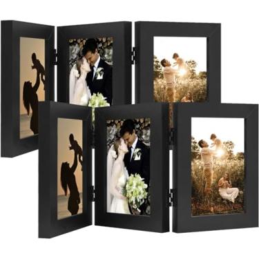 Imagem de Golden State Art, Porta-retrato com três dobras de 10 x 15 cm, com 3 aberturas, colagem de fotos de família, com vidro real (10 x 15 cm, triplo, preto, pacote com 2)