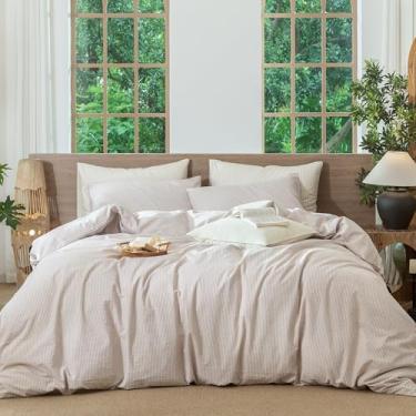 Imagem de MooMee Conjunto de capa de edredom listrado 100% algodão lavado como linho texturizado respirável durável macio confortável (riscas laranja, tamanho queen grande 250 x 248 cm)