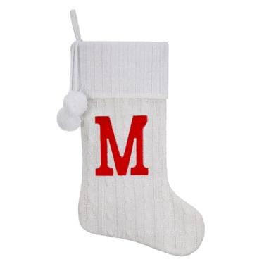 Imagem de Pxniy Meia de Natal personalizada de 48 cm - malha branca com monograma bordado e pompons, cabide de lareira familiar para decoração de férias, letra M branca