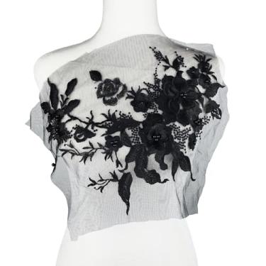 Imagem de Carytalee 1 peça de tecido de flores de renda preta 3D bordado contas apliques para decoração de vestido de noiva de casamento, decoração de roupas de costura faça você mesmo, 33 x 25 cm
