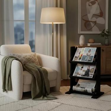 Imagem de Revisteiro de Piso Chão Porta Revistas Livros Jornal Preto Laca