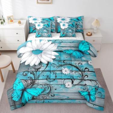 Imagem de Erosebridal Conjunto de edredom de borboleta rústico em um saco, 7 peças, branco, chique, floral, decoração de quarto, retrô, vintage, estilo romântico, roupa de cama com lençóis