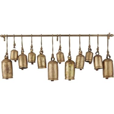 Imagem de Sinos de vaca gigantes vintage rústicos de metal harmonia, conjunto de 12, enormes sinos 2GG feitos à mão em corda de juta com haste