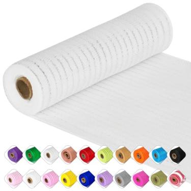 Imagem de Fita de malha de poliéster Deco – 25,4 x 9 m cada rolo de fita metálica de malha para o Natal, guirlanda de Páscoa dos Namorados e decoração de casa (branco/prata)