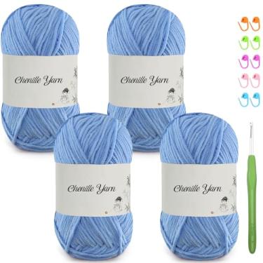 Imagem de SIMEIQI Pacote com 4 fios de chenille de 50 ml para crochê, 158 metros de fio de veludo macio e fofo, crochê ideal para cobertores de bebê, brinquedos, cachecóis, travesseiros, almofadas (azul)