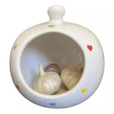 Imagem de Pote Grande para Cozinha - Porta Cebola e Alho de Cerâmica Liso, Ideal para Armazenamento(Branco com Poa Coração)