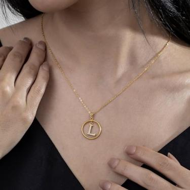 Imagem de Colar de strass com inicial A-Z - Joias delicadas com pingente circular com corrente ajustável, colar de alfabeto personalizado para mulheres,, F, Aço inoxidável, Sem Pedra Preciosa